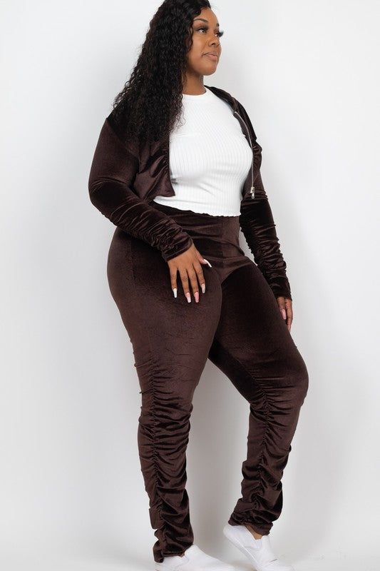 Plus Velour  Zip Up Jacket & Stacked Pants Set