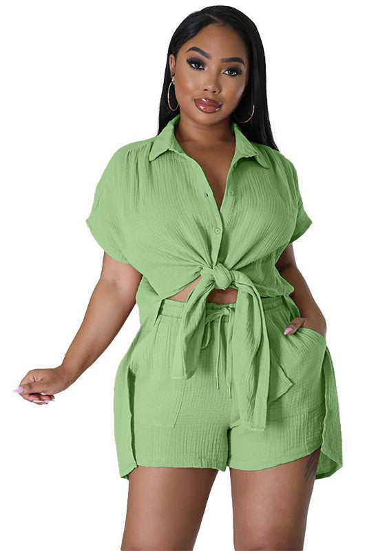 Vacay Me’ 2 Piece Short Sleeve Button Down Shirt Short Set