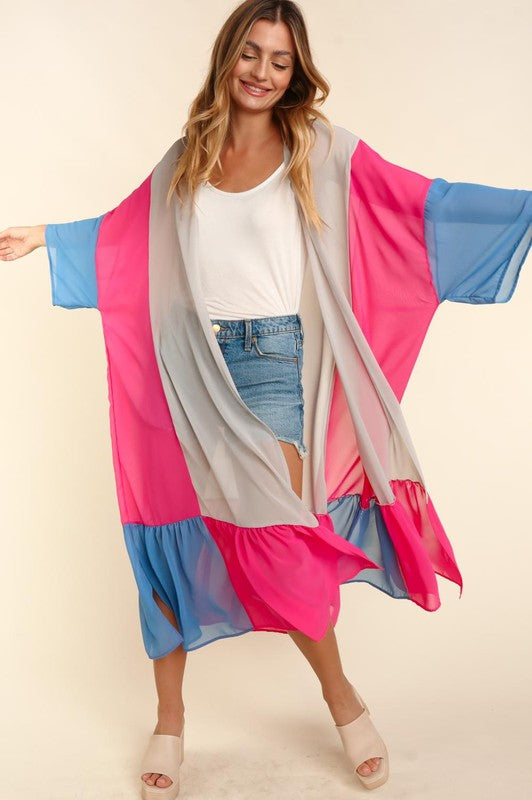 COLOR BLOCK KIMONO MAXI OPEN CARDIGAN