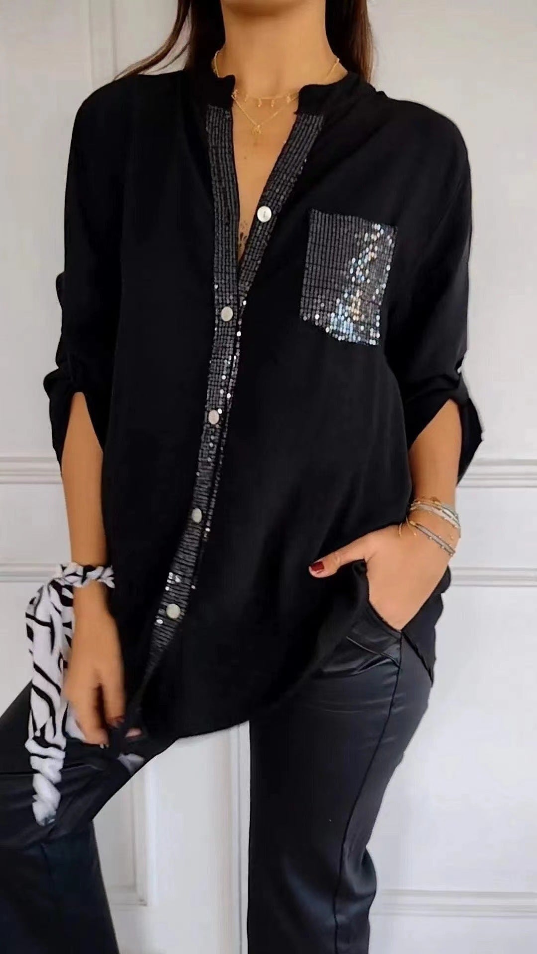 Casual Button-down Long Sleeve Shirt With Sequin Pocket Design Fashion Commuter Top Women Clothing