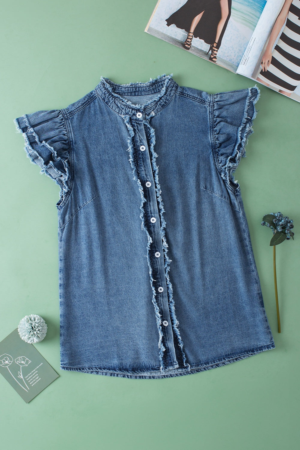 Raw Hem Button Up Cap Sleeve Denim Top