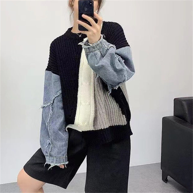 Women's Thin And Loose Denim Stitching Twist New Sweater