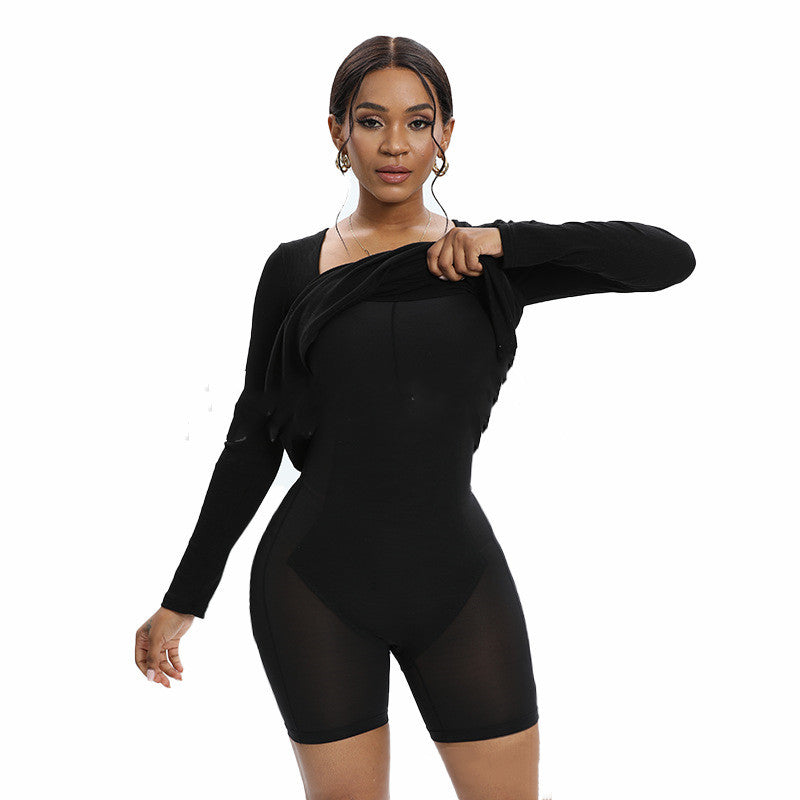 Light Belly Contracting Dress Thread Cloth Two-in-one Long Sleeve U-neck Body Shaping Dress