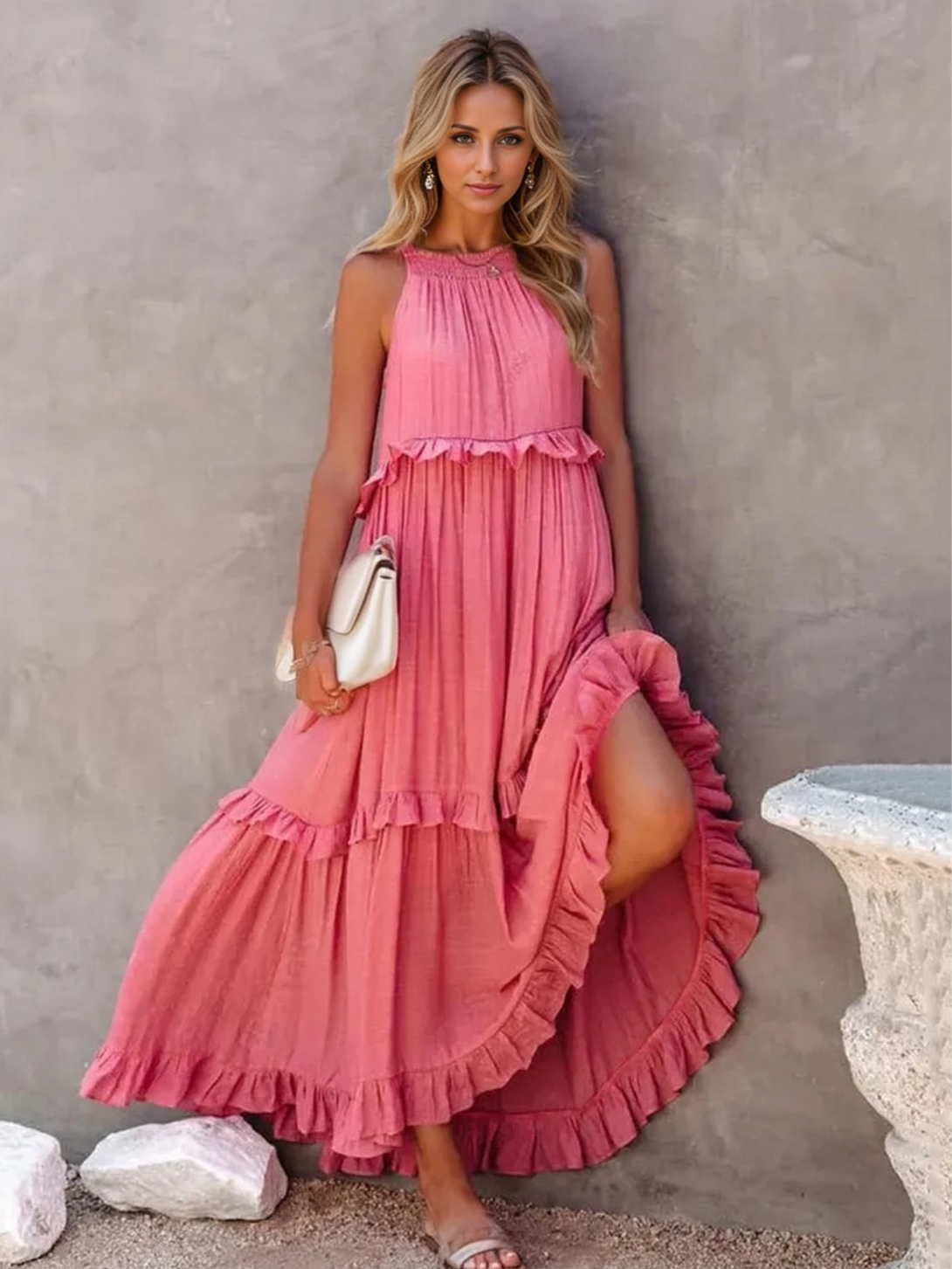 Ruffled Sleeveless Tiered Maxi Dress with Pockets