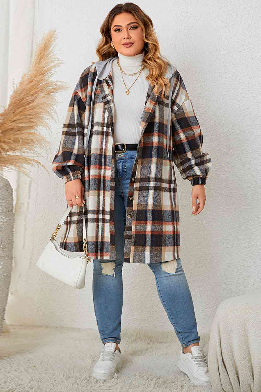  Size Plaid Drop Shoulder Hooded Coat