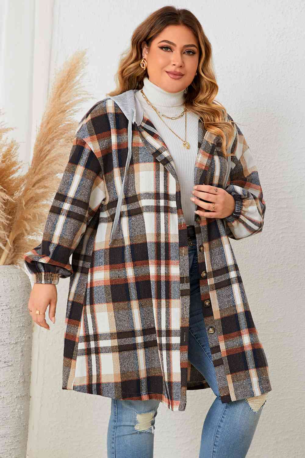  Size Plaid Drop Shoulder Hooded Coat