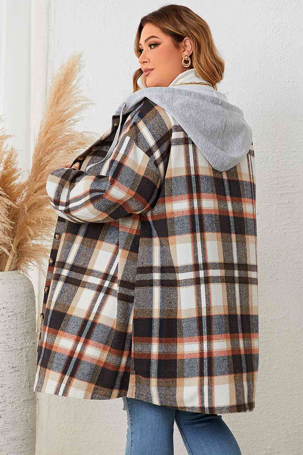  Size Plaid Drop Shoulder Hooded Coat